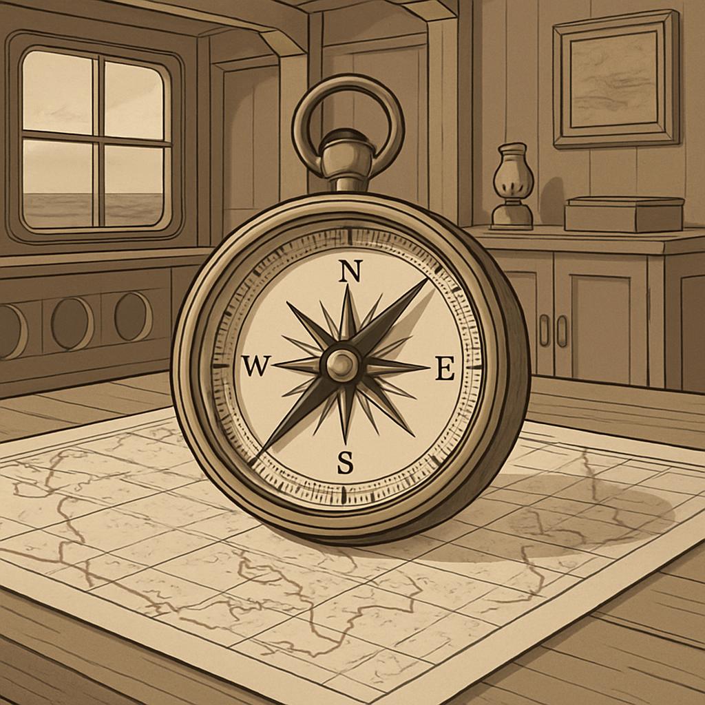 A sepia-toned illustration of a compass on a map in a room, possibly on a boat.
