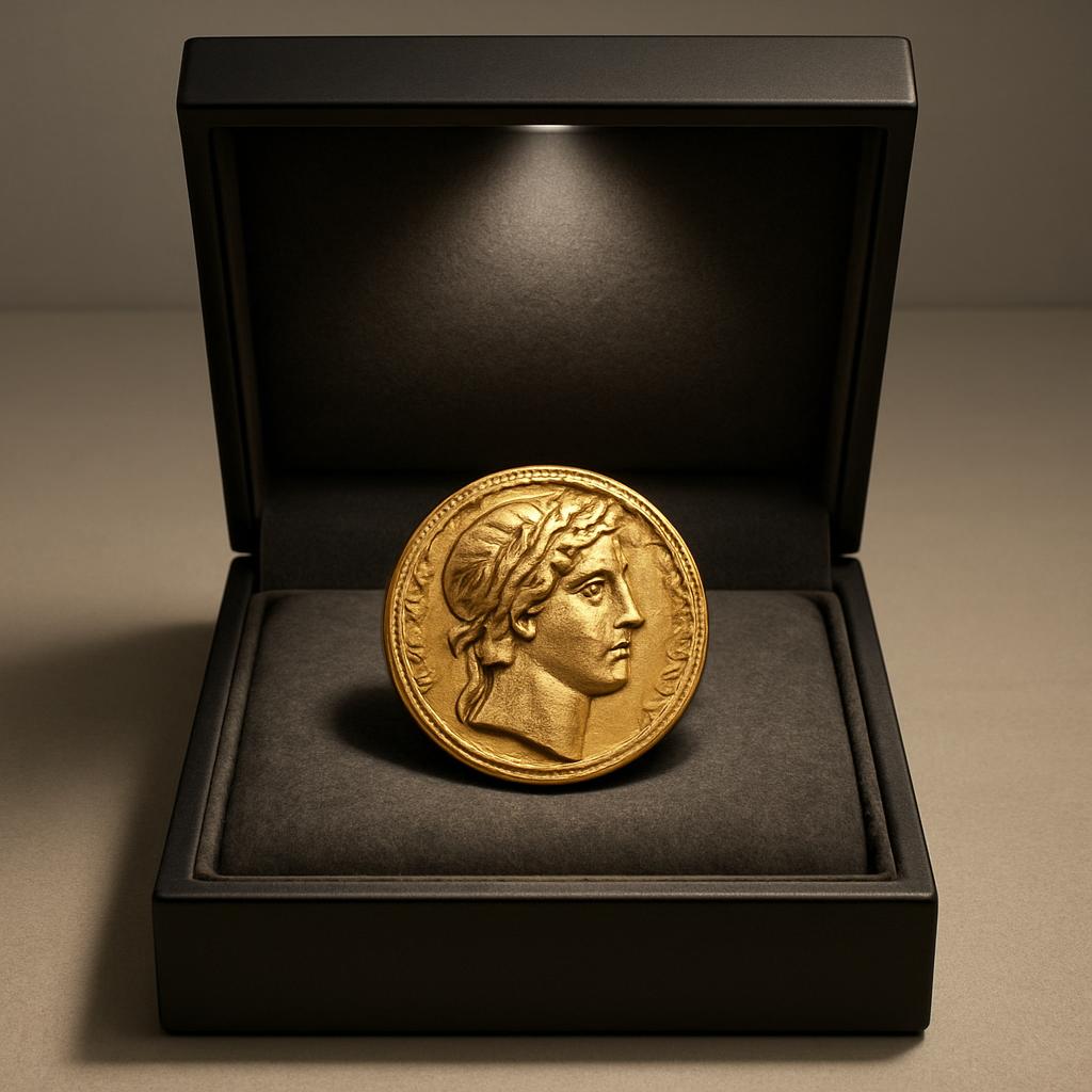 Gold coin with a depiction of an ancient Roman female profile on a medallion base, placed in a black box.