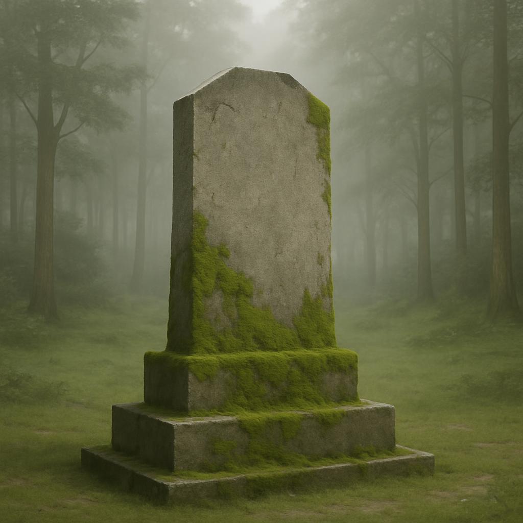 An empty tombstone in a forest, covered with moss and lichen.
